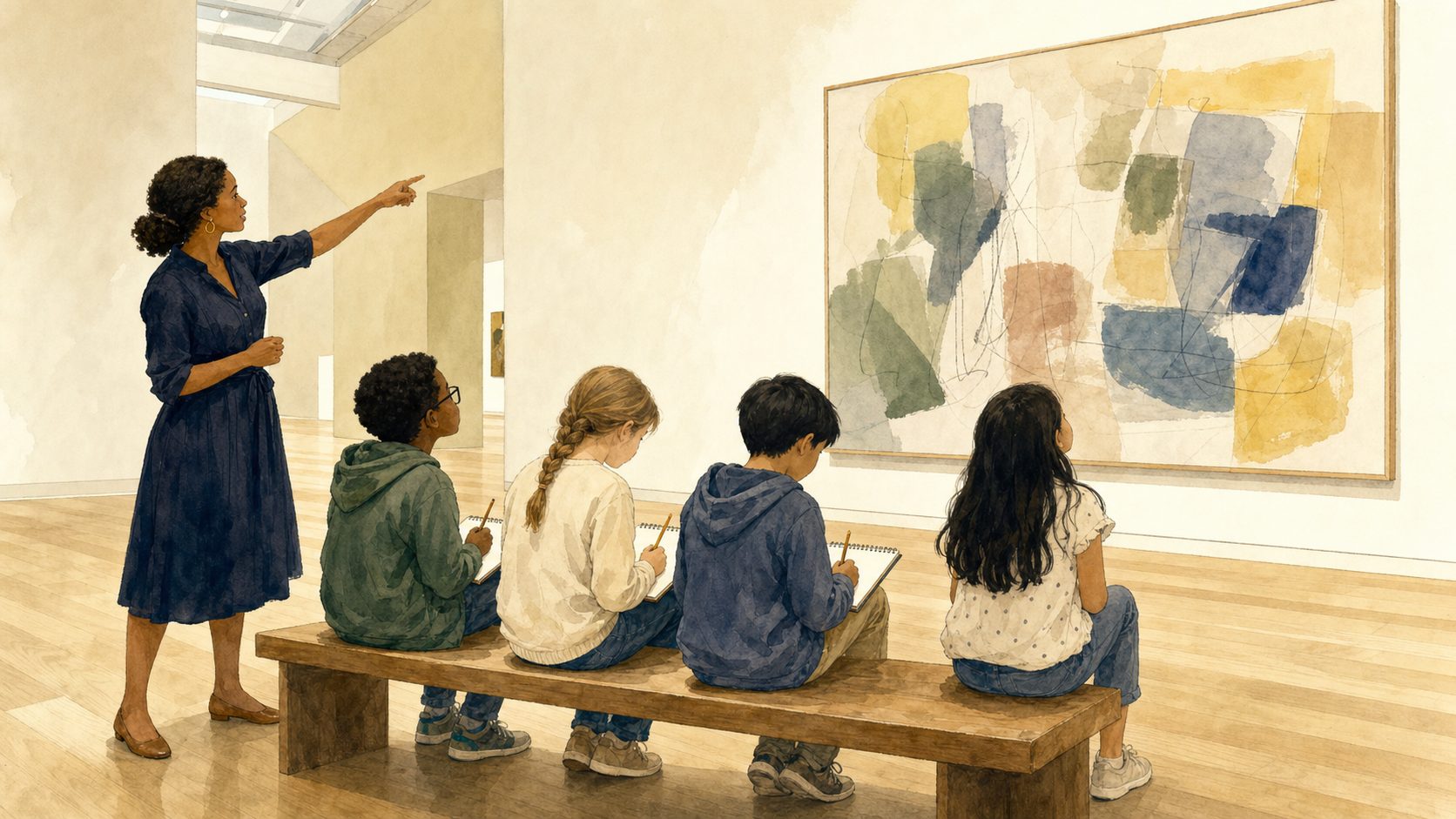 Students exploring a museum gallery with their teacher on a Laurel School field trip