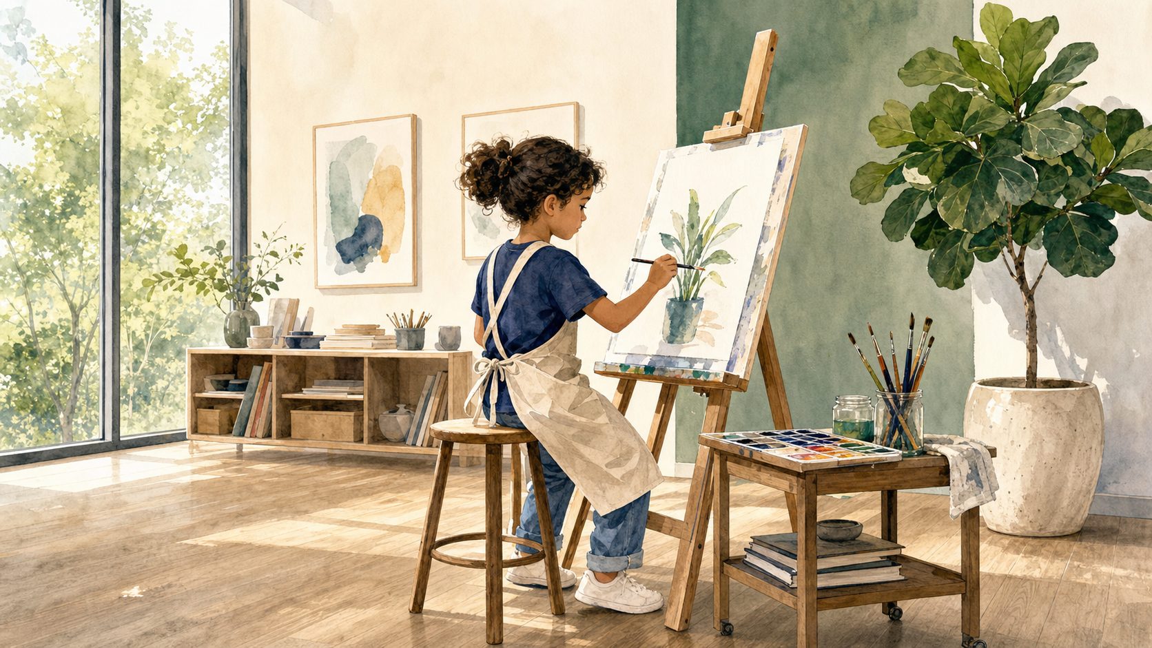 A student painting at an easel in the art studio at The Laurel School