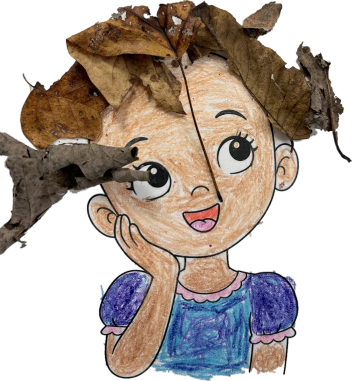A Laurel student's drawing of a girl whose hair is made of real autumn leaves