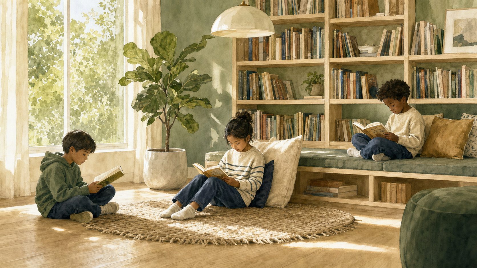 A quiet library reading nook at The Laurel School