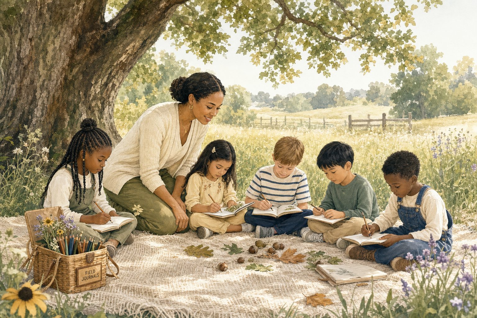 A teacher leading nature journaling with students under an oak tree during outdoor learning at The Laurel School