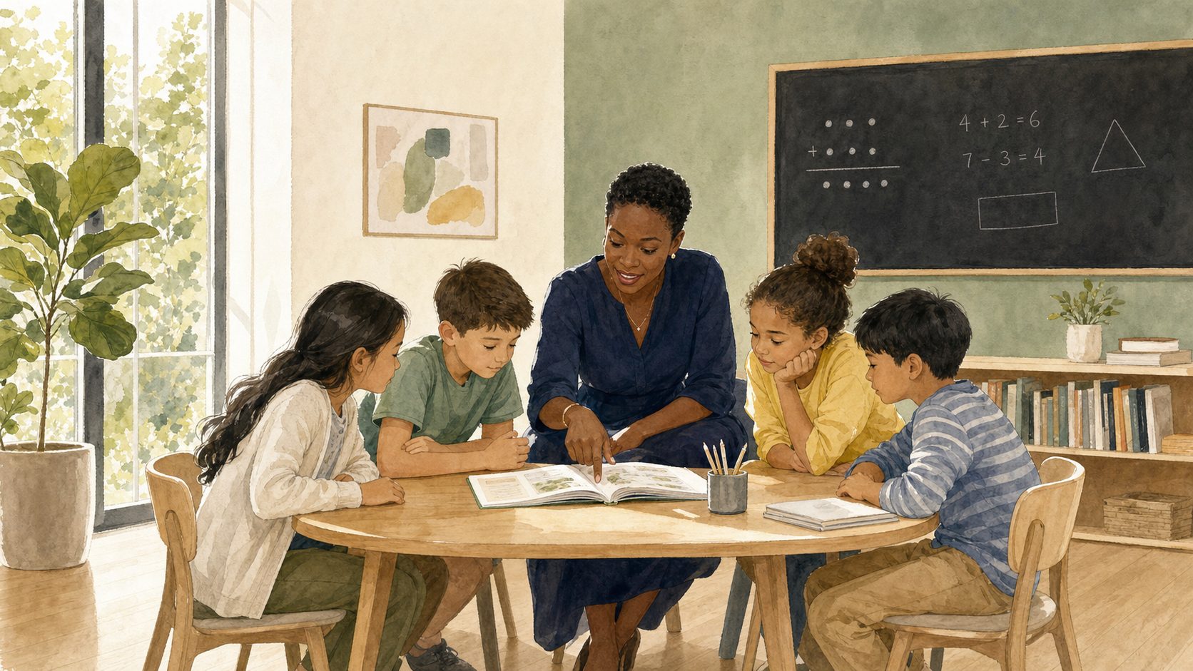 A teacher leading a small-group reading lesson with engaged children at The Laurel School