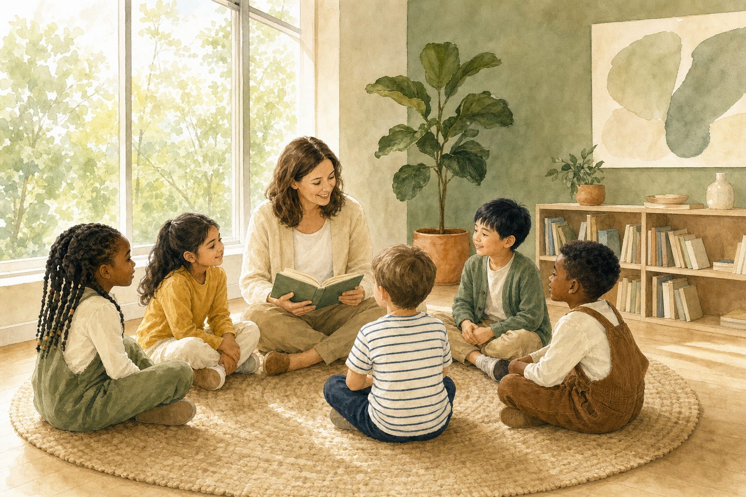 A teacher and diverse group of children in a reading circle at The Laurel School