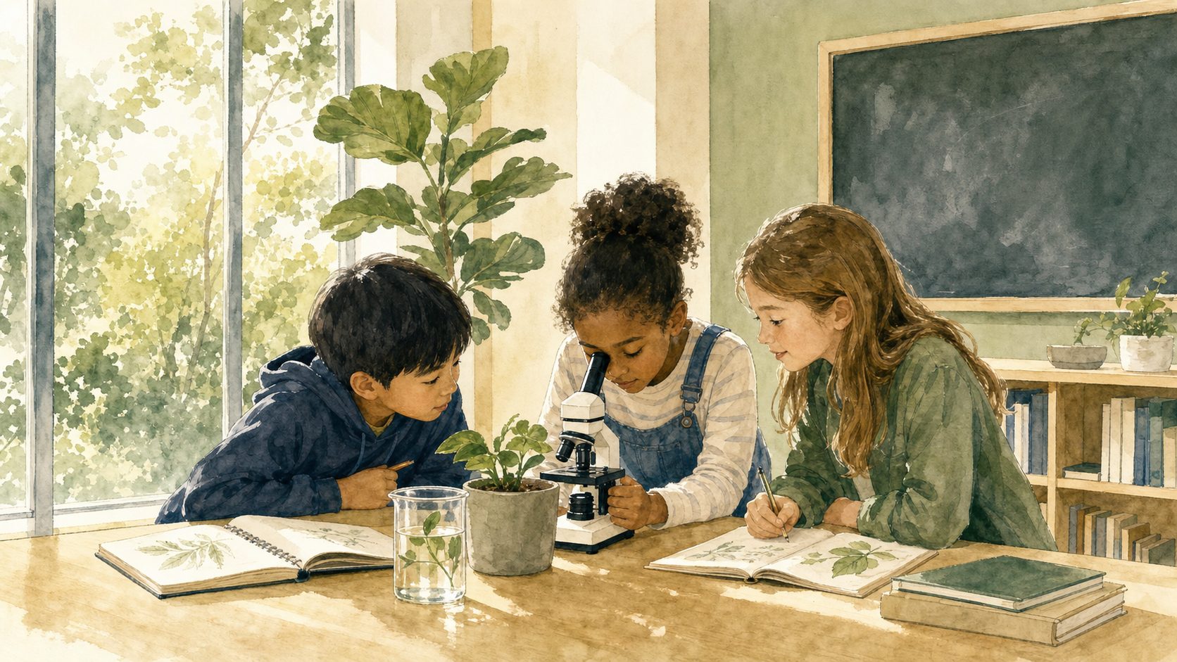 Students exploring hands-on science with magnifiers in a bright classroom at The Laurel School